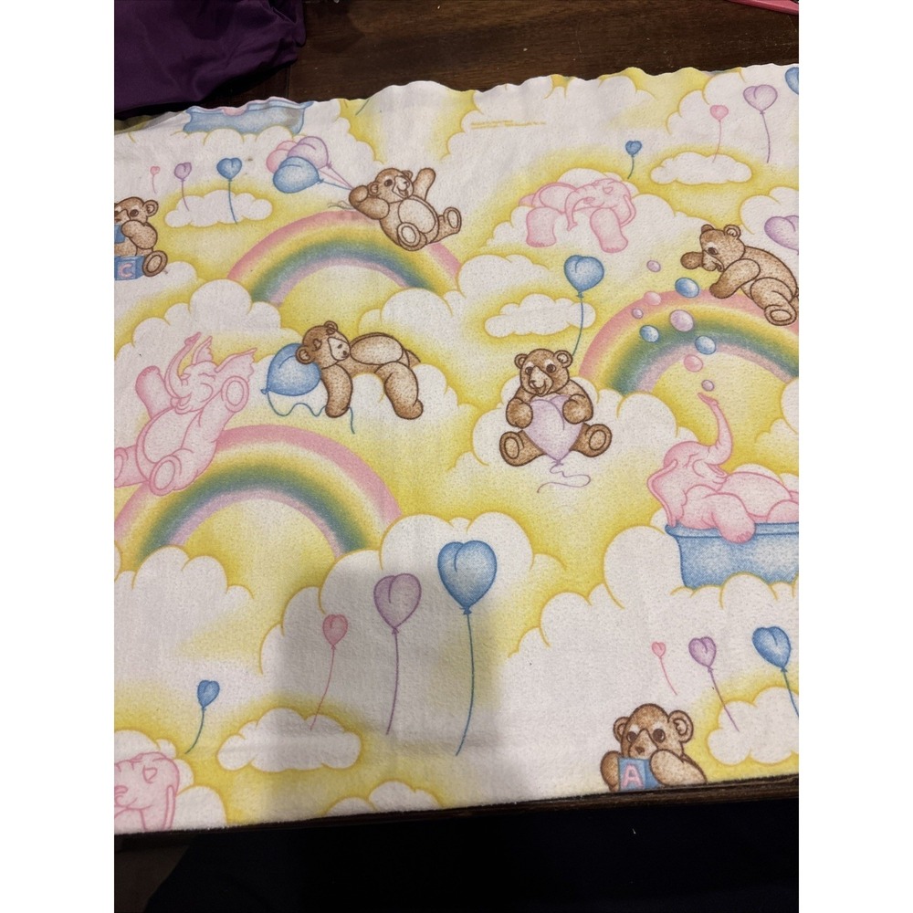 Vtg Teddy Bear Baby‎ Blanket Pink Elephants Rainbow Heart Balloons Pastel Colors